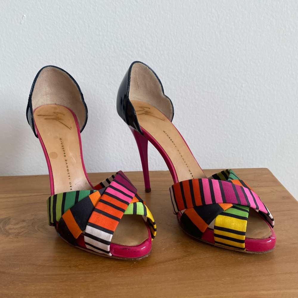 Giuseppe Zanotti Stripe D'Orsay Satin & Patent Leather Heels, Size 37